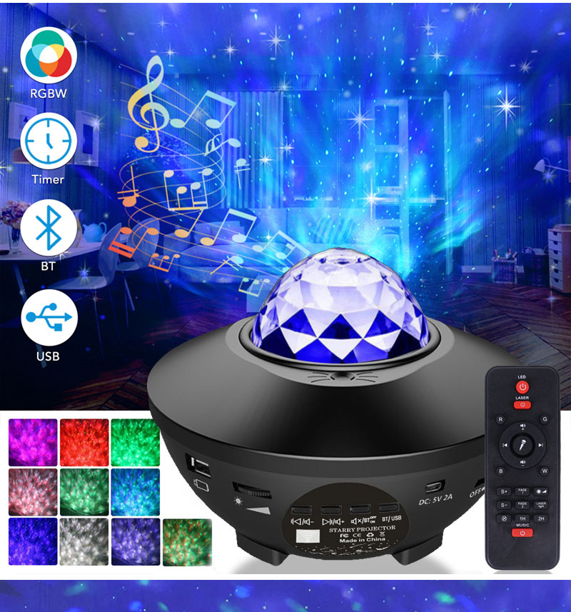 Starry Night Light Projector,3 in 1 Galaxy Light Projector LED Ocean Wave  Nebula Clouds with Remote Control, Bluetooth Speaker, Star Light for